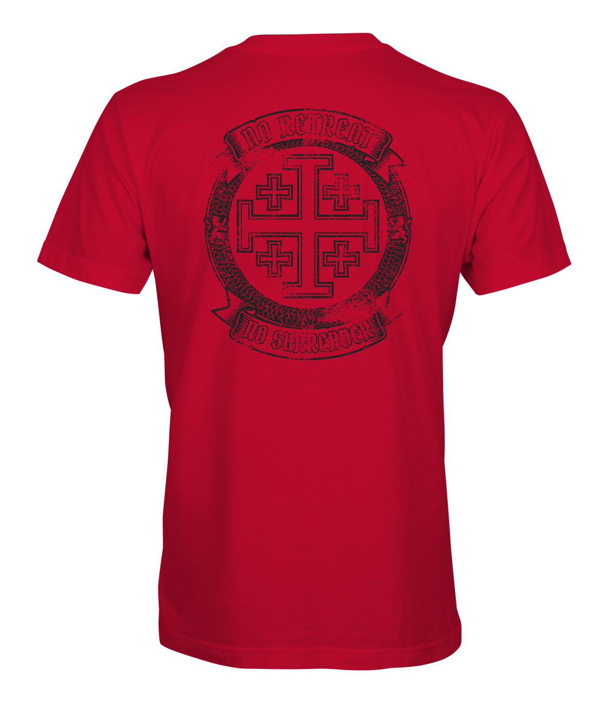 The Alex Jones Store - Back view of red Deus Vult No Retreat No Surrender t-shirt with large Jerusalem cross crest in banner medallion