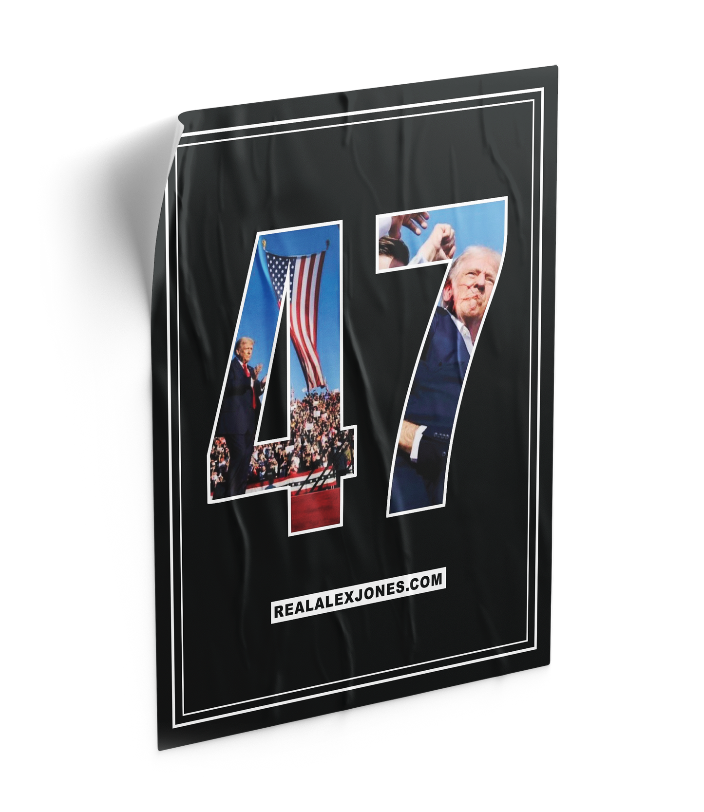 The Alex Jones Store - Angled view of Big Guy '47' Limited Edition fundraiser poster with Trump photos inside white '47' numerals