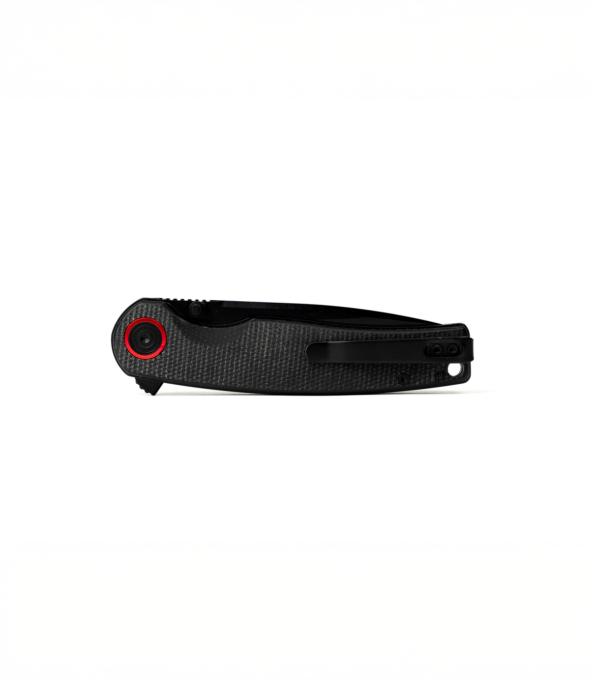 The Alex Jones Store - Reverse closed view of Alex Jones Micarta Handle Blade with black micarta scales, deep-carry pocket clip and red pivot detail