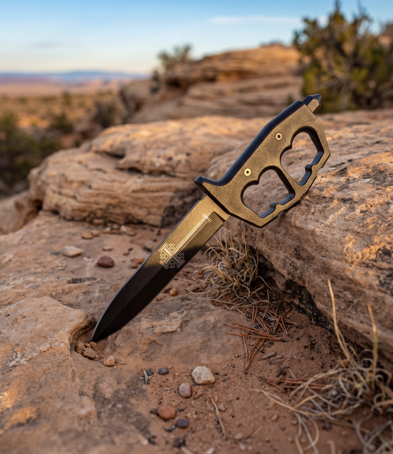 The Alex Jones Store - Brass-finished Ave Christus Rex Trench War Dagger with knuckle-guard handle staged on desert sandstone at sunset