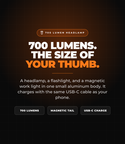 700 lumens the size of your thumb - headlamp, flashlight and magnetic work light in one aluminum body