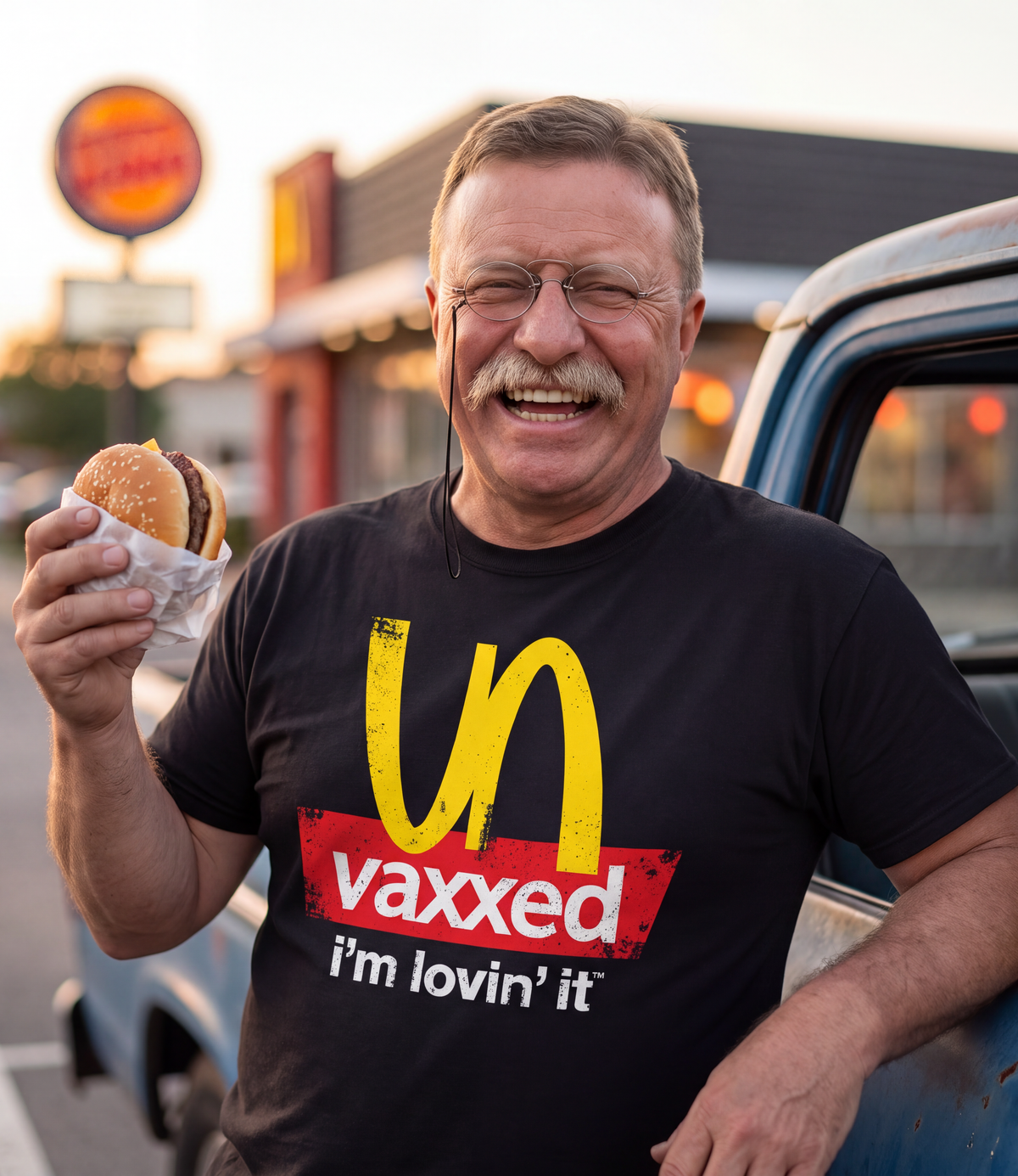 Theodore Roosevelt wearing the Unvaxxed T-Shirt in black