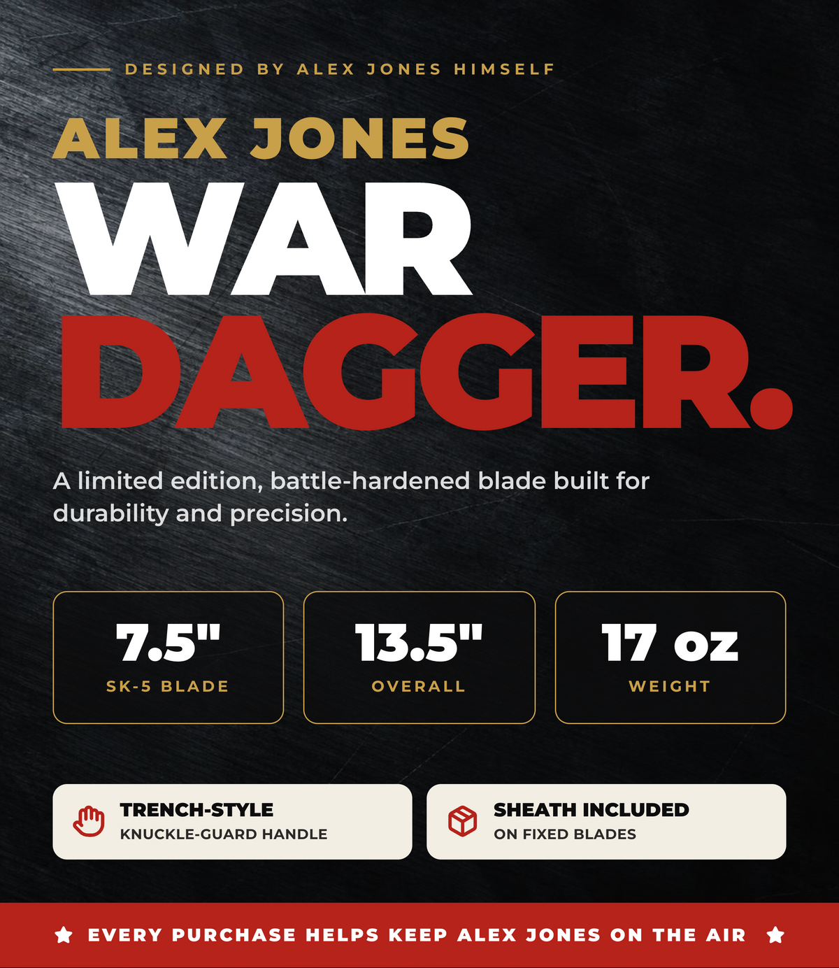 The Alex Jones Store - Alex Jones War Dagger: 7.5 inch SK-5 blade, 13.5 inches overall, 17 oz, trench-style knuckle-guard handle