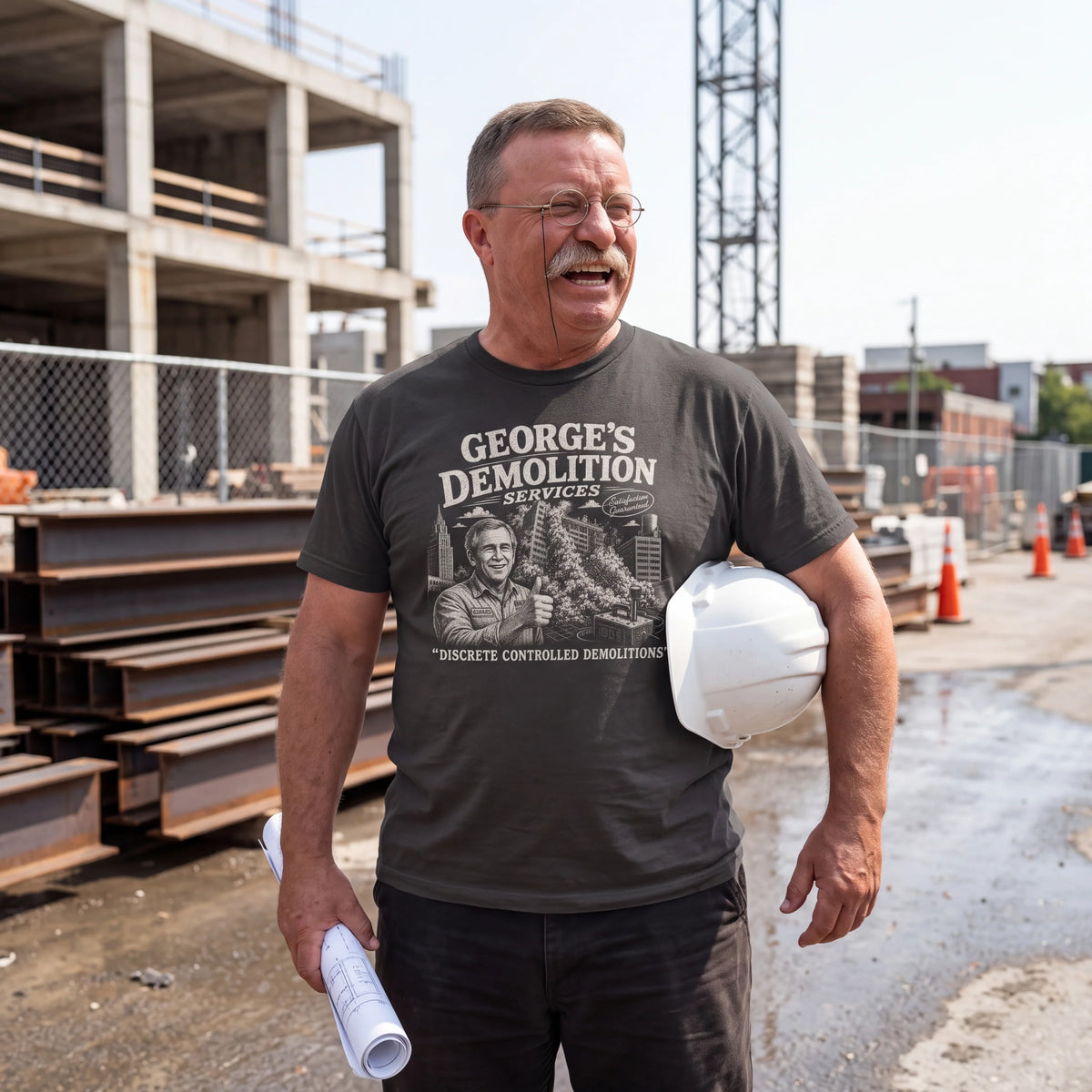 Theodore Roosevelt wearing the George's Demolition Services t-shirt in black