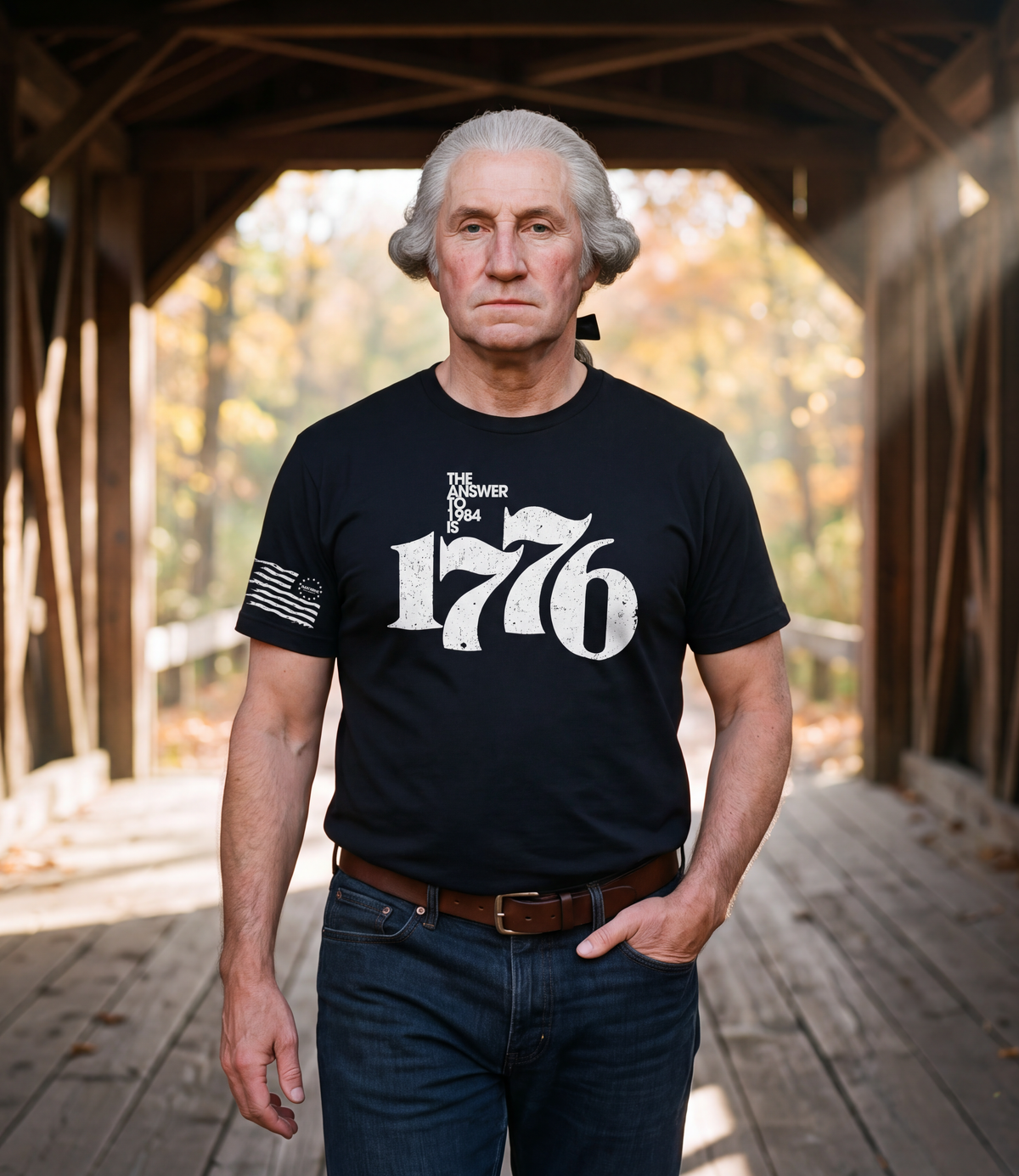 George Washington wearing The Answer To 1984 Is 1776 T-Shirt in black
