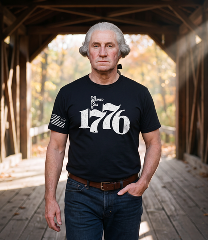 George Washington wearing The Answer To 1984 Is 1776 T-Shirt in black