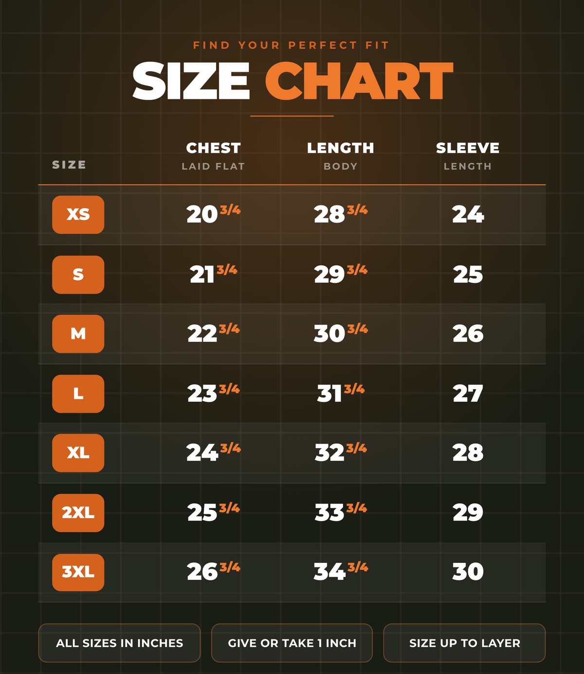 Flannel size chart