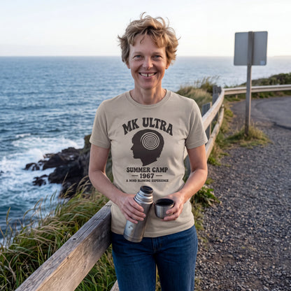 Amelia Earhart wearing the MK Ultra Summer Camp t-shirt in sand
