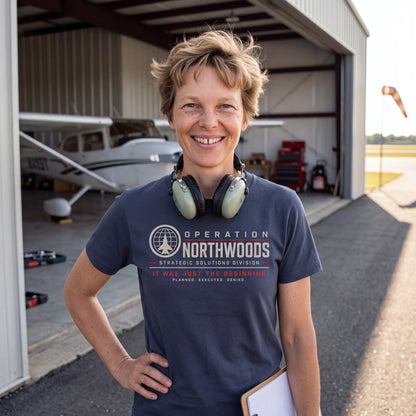Amelia Earhart wearing the Operation Northwoods t-shirt in navy