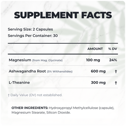 Alex Jones Naturals - Ultimate Chill - Deep Recovery & Stress Shield (60 Capsules)(30 Servings) — Ultimate Chill supplement facts panel: 100mg magnesium, 600mg ashwagandha root, 300mg L-theanine, 30 servings