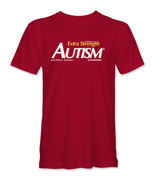 The Alex Jones Store - Red Extra Strength Autism t-shirt with parody Tylenol-style yellow and white logo, 'Brain Reliever IQ Reducer'