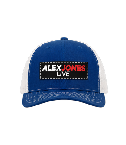 The Alex Jones Store - Royal blue and white Alex Jones Live Patch Trucker Hat with black 'Alex Jones Live' rectangle patch on the front