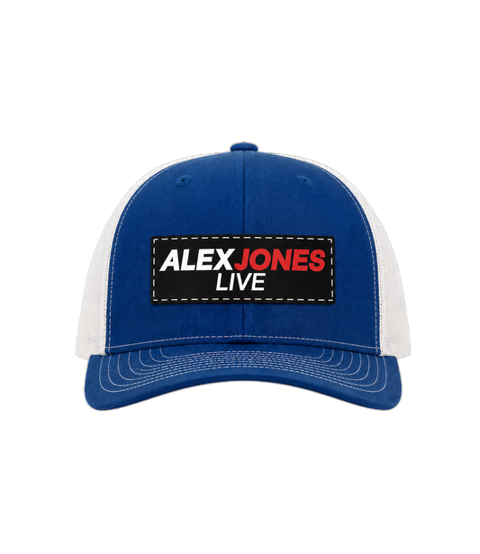 The Alex Jones Store - Royal blue and white Alex Jones Live Patch Trucker Hat with black 'Alex Jones Live' rectangle patch on the front