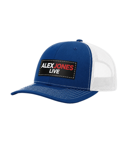 The Alex Jones Store - Side view of royal blue and white Alex Jones Live Patch Trucker Hat with stitched 'Alex Jones Live' rectangular patch