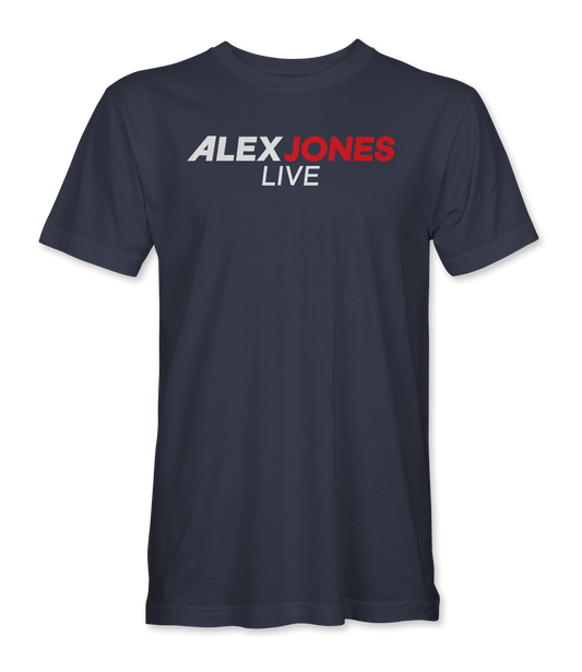The Alex Jones Store - Navy blue Alex Jones Live t-shirt with bold red, white, and black 'ALEX JONES LIVE' logo across the chest