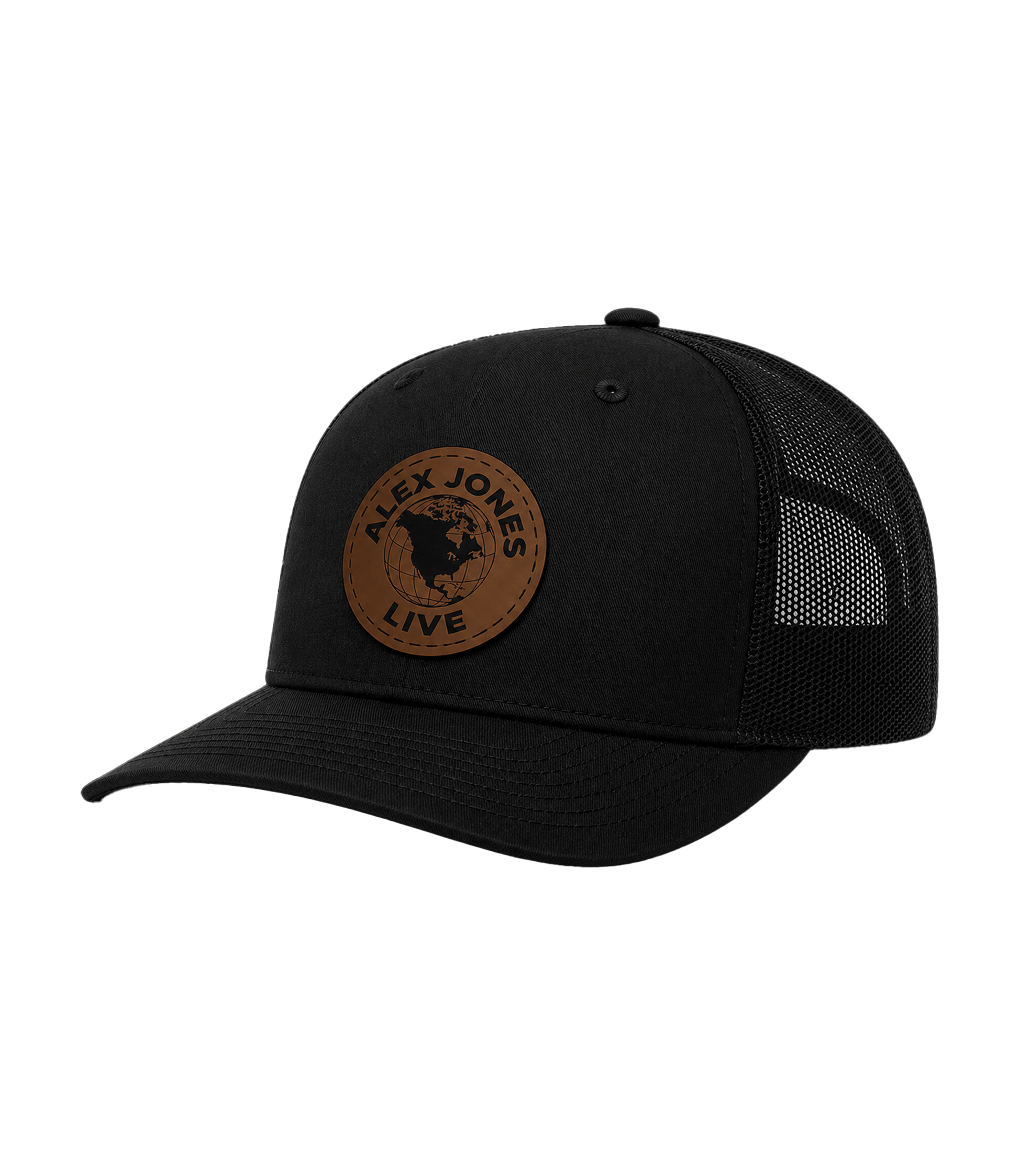 The Alex Jones Store - Black mesh-back Alex Jones Live Globe Leather Patch Hat with brown leather circular globe patch, side angle view