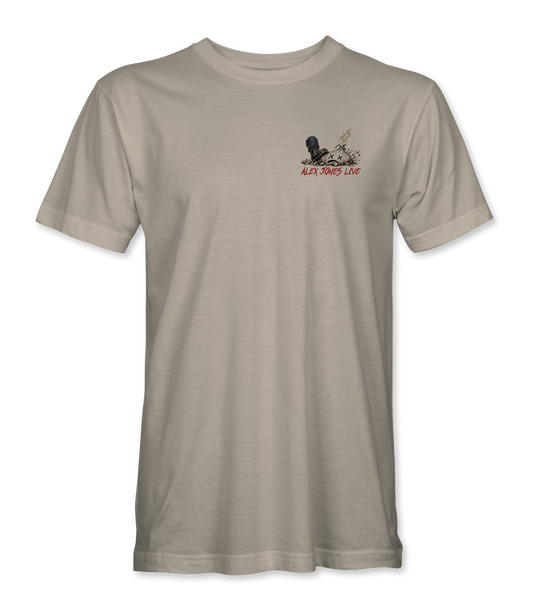 The Alex Jones Store - Cream 'Turns Out Still Open' tee front with small Alex Jones Live onion-stomp chest graphic in black and red