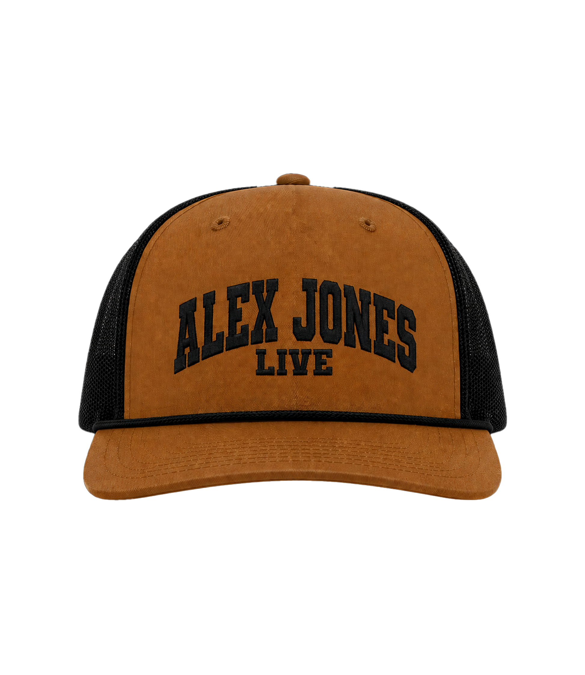 The Alex Jones Store - Tan and black Alex Jones Live Embroidered Rope Hat with collegiate 'ALEX JONES LIVE' chest embroidery, front view