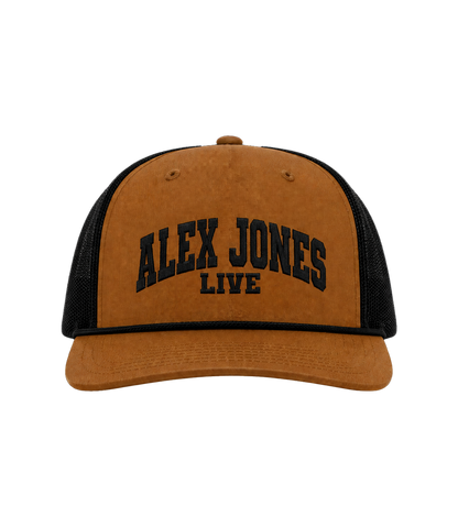 The Alex Jones Store - Tan and black Alex Jones Live Embroidered Rope Hat with collegiate 'ALEX JONES LIVE' chest embroidery, front view