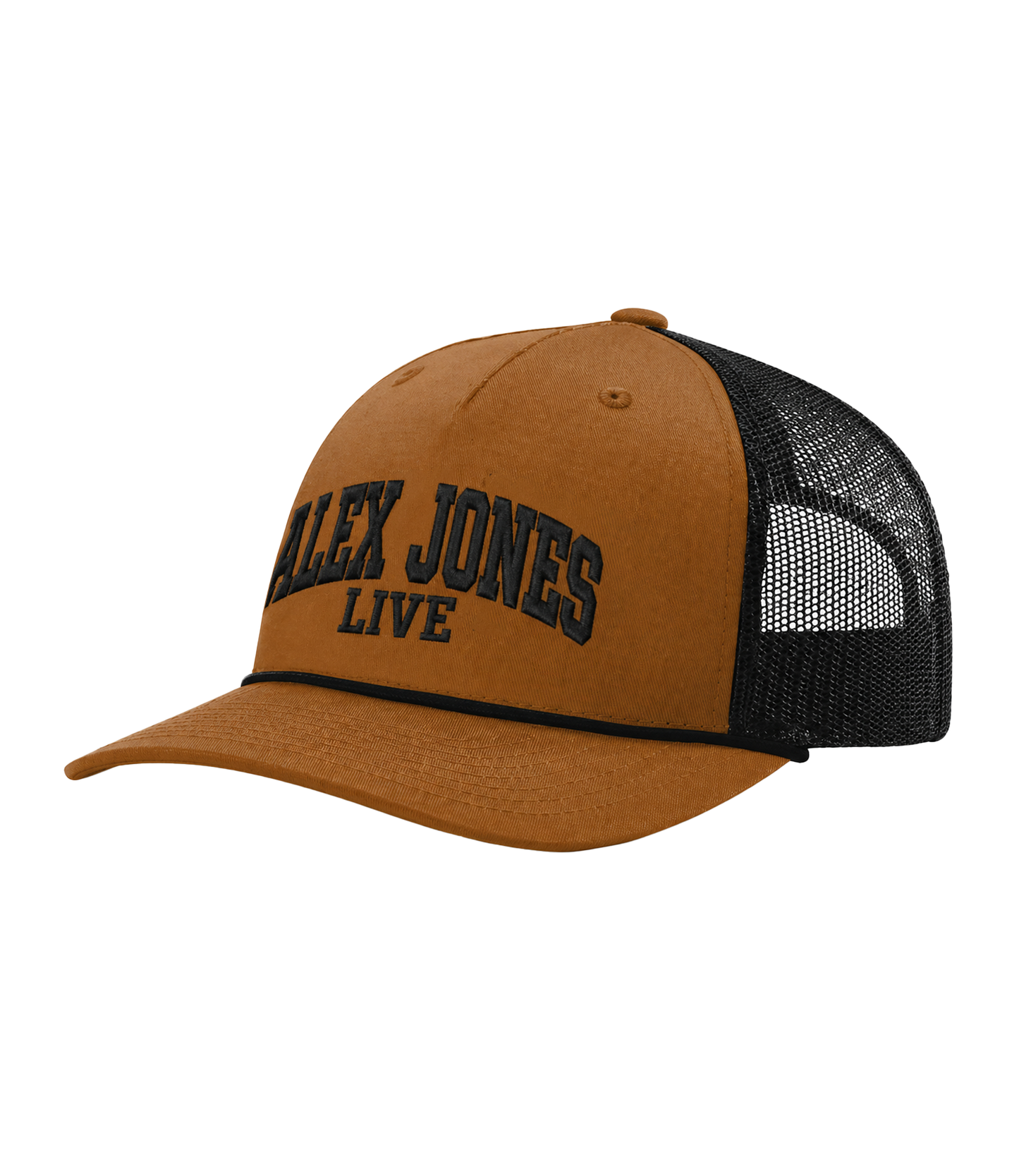 The Alex Jones Store - Side view of tan and black Alex Jones Live Tan Embroidered Rope Hat with bold arched 'Alex Jones Live' embroidery