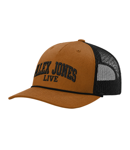 The Alex Jones Store - Side view of tan and black Alex Jones Live Tan Embroidered Rope Hat with bold arched 'Alex Jones Live' embroidery