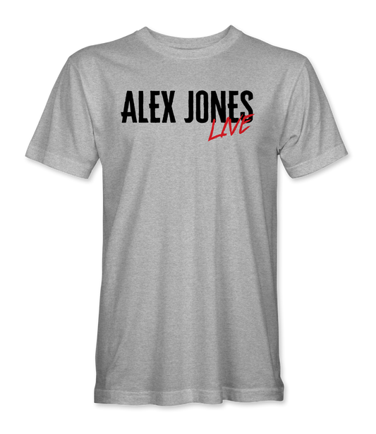 The Alex Jones Store - Heather gray Alex Jones Live Stamp t-shirt with black 'ALEX JONES' and red scratched 'LIVE' chest graphic