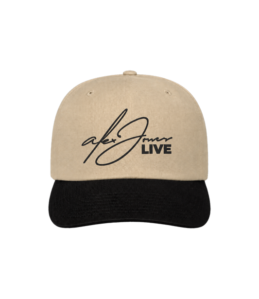 The Alex Jones Store - Tan and black Alex Jones Live Signature Trucker Hat with cursive 'Alex Jones LIVE' script embroidered on the front