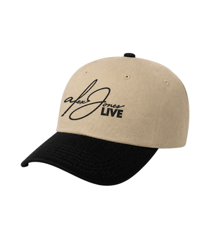 The Alex Jones Store - Side view of tan crown black brim Alex Jones Live Signature Trucker Hat with signature-style embroidered logo