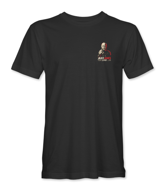 The Alex Jones Store - Black 'Nice Try Globalists But I'm Still Here' t-shirt front with small Alex Jones Live chest print in red and white