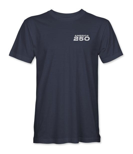 The Alex Jones Store - America 250 Badge T-Shirt — Front of navy unisex tee with small white 'America 250' block logo on left chest, premium ringspun cotton