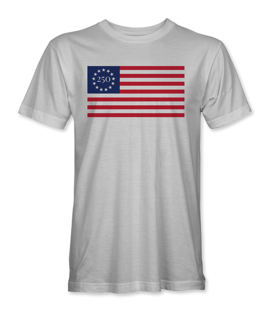 The Alex Jones Store - White unisex tee with Betsy Ross 13-star American flag print featuring '250' in the star circle, America 250 design