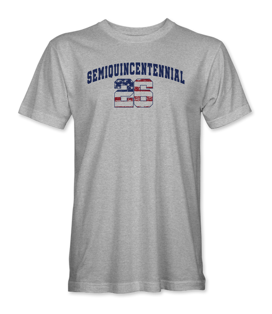 The Alex Jones Store - Heather gray Semiquincentennial 26 t-shirt with bold collegiate '26' lettering filled with American flag pattern