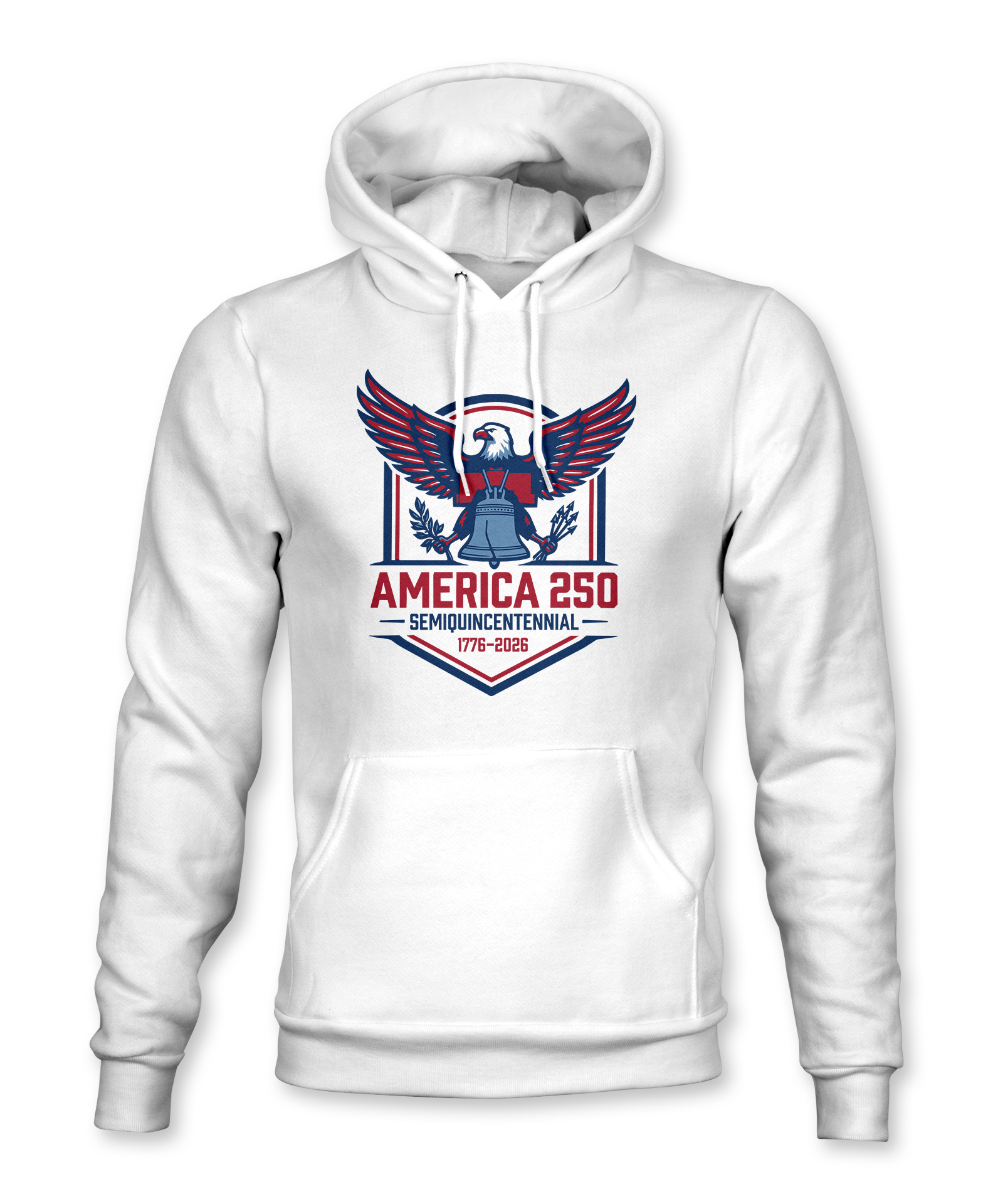 The Alex Jones Store - White America 250 hoodie with red, white and blue eagle, Liberty Bell and 'Semiquincentennial 1776-2026' chest graphic
