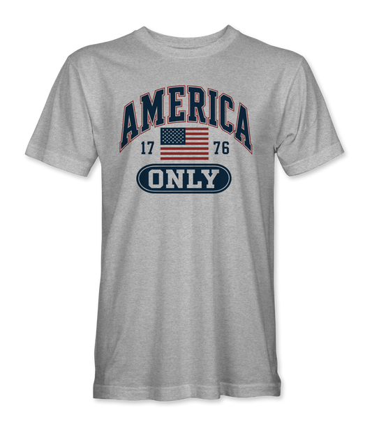 The Alex Jones Store - Front of heather gray America Only Collegiate t-shirt with navy arched AMERICA lettering, 1776 flag and ONLY pill