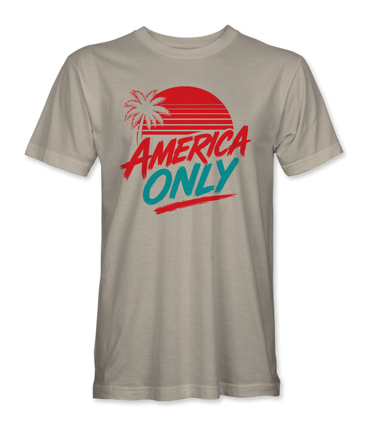 The Alex Jones Store - Front of tan America Only Tropical Sunset t-shirt with red palm tree, striped sun and teal ONLY lettering