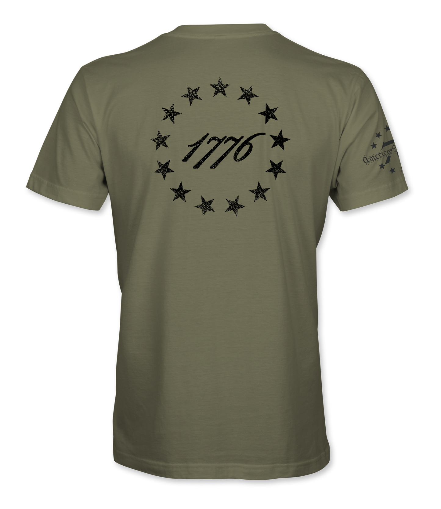 The Alex Jones Store - Back of olive green 1776 America Supply Co t-shirt with black 13-star Betsy Ross ring around 1776 numerals