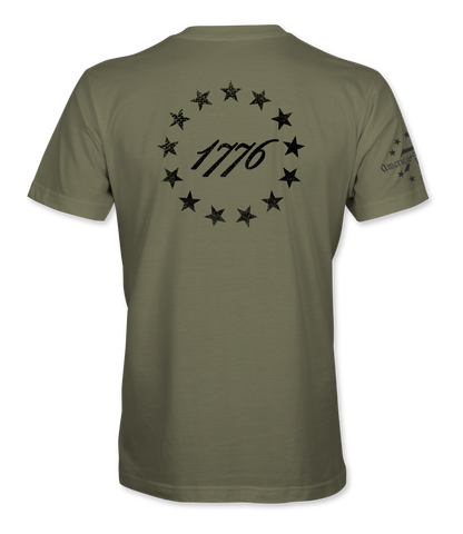 The Alex Jones Store - Back of olive green 1776 America Supply Co t-shirt with black 13-star Betsy Ross ring around 1776 numerals