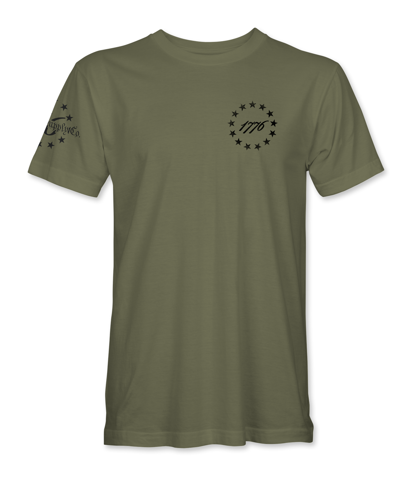 The Alex Jones Store - Front of olive green 1776 America Supply Co t-shirt with small left-chest Betsy Ross ring and 1776 numerals