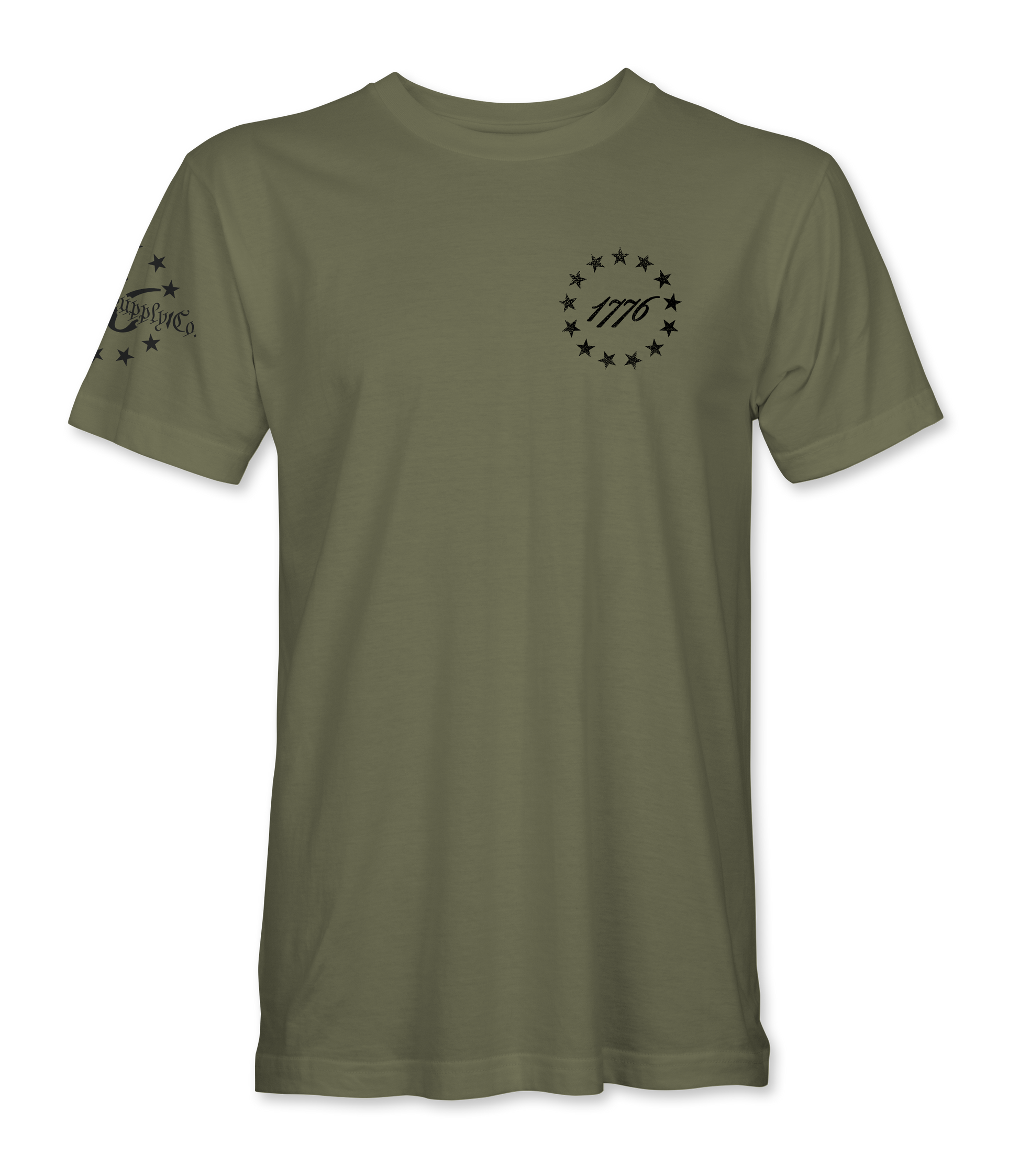 The Alex Jones Store - Front of olive green 1776 America Supply Co t-shirt with small left-chest Betsy Ross ring and 1776 numerals