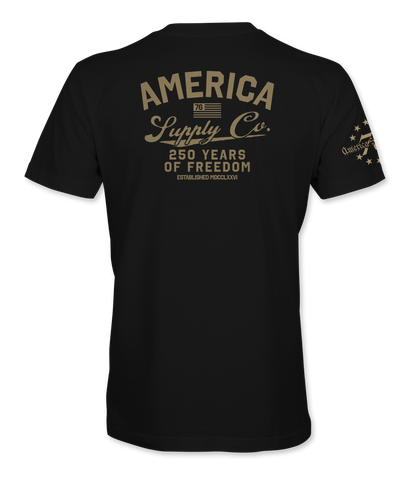 The Alex Jones Store - Back of black America Supply Co 250 Years Of Freedom t-shirt with tan vintage text print and stars sleeve detail
