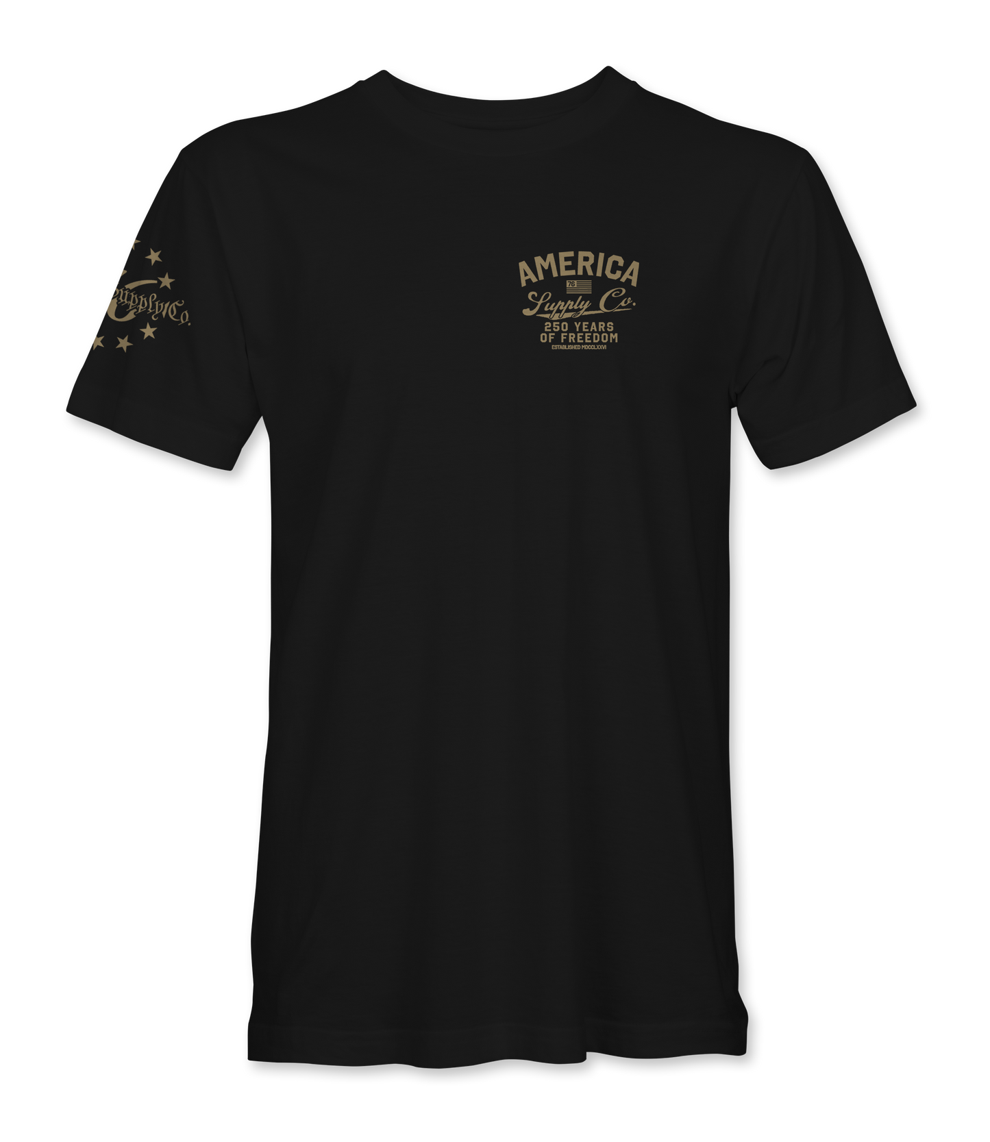 The Alex Jones Store - Front of black America Supply Co 250 Years Of Freedom t-shirt with small tan left-chest logo and stars sleeve print