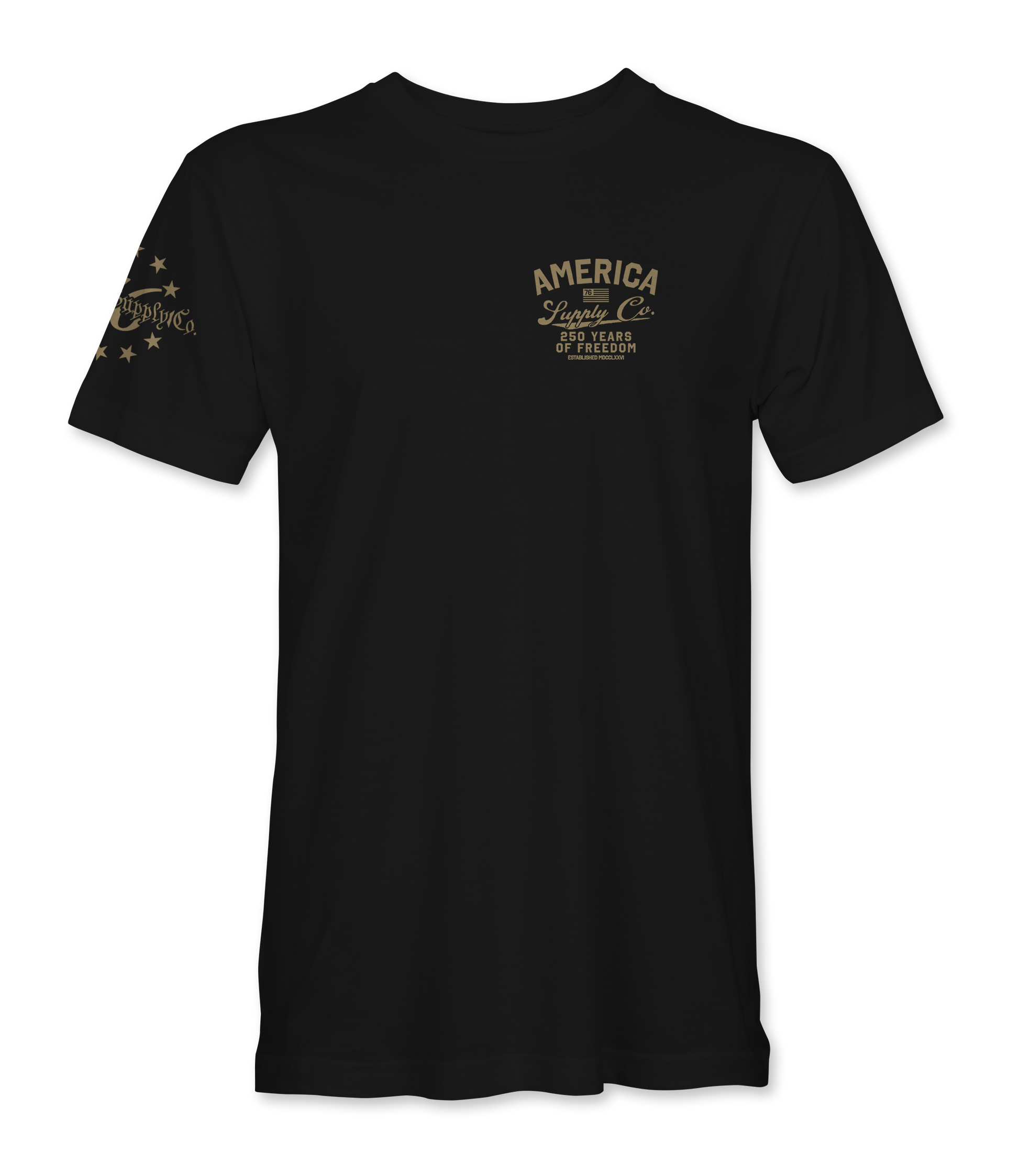 The Alex Jones Store - Front of black America Supply Co 250 Years Of Freedom t-shirt with small tan left-chest logo and stars sleeve print