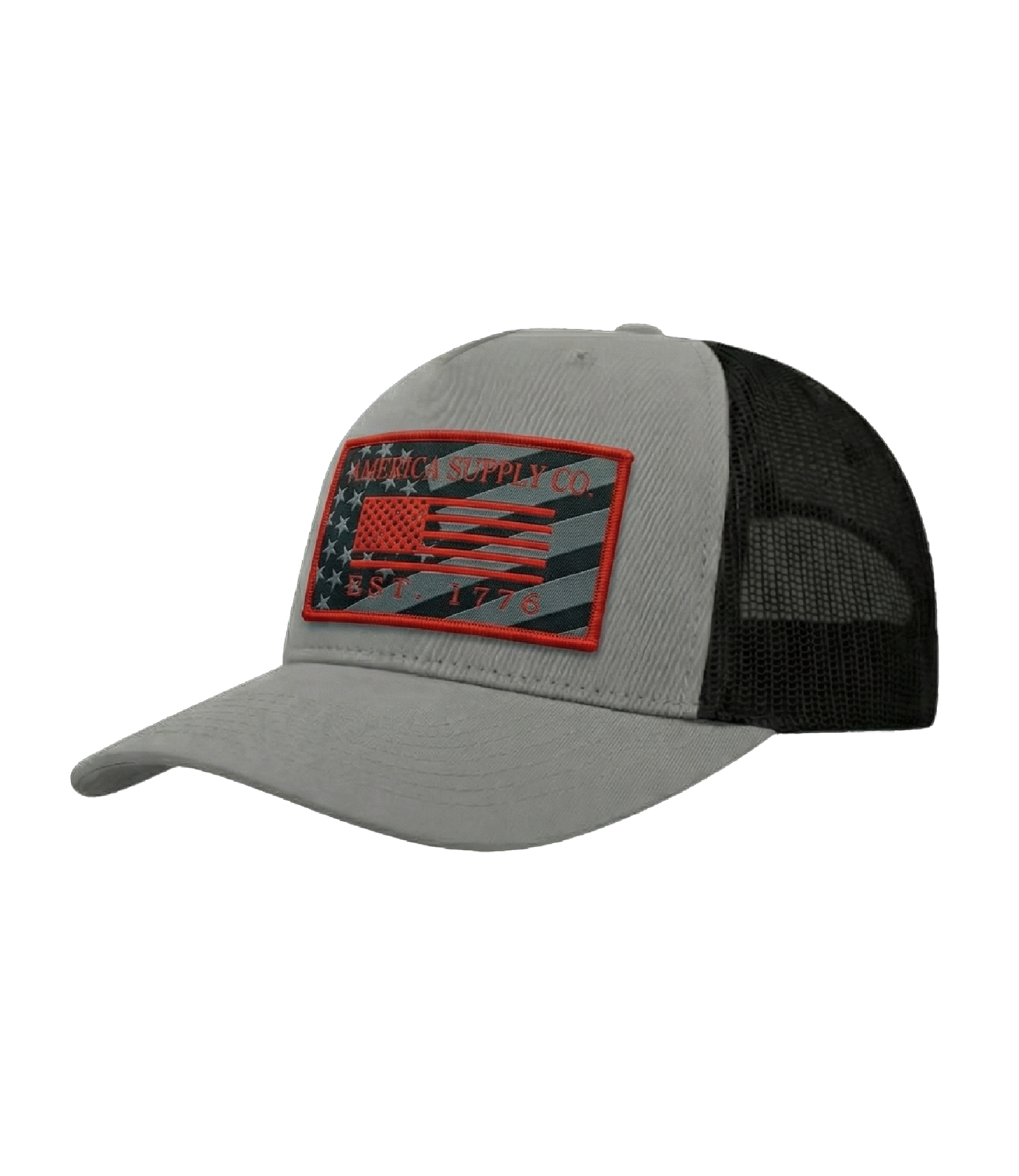 The Alex Jones Store - Angled side view of grey America Supply Co trucker hat with red-bordered American flag patch and black mesh back