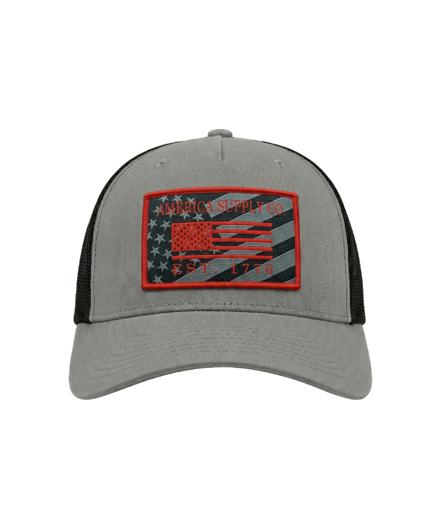 The Alex Jones Store - Front view of grey America Supply Co patch trucker hat with red-bordered American flag Est. 1776 woven patch