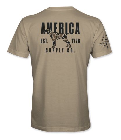 The Alex Jones Store - Back of tan America Supply Co Hunting Dog t-shirt with black camo-filled pointer dog and Est. 1776 banner print