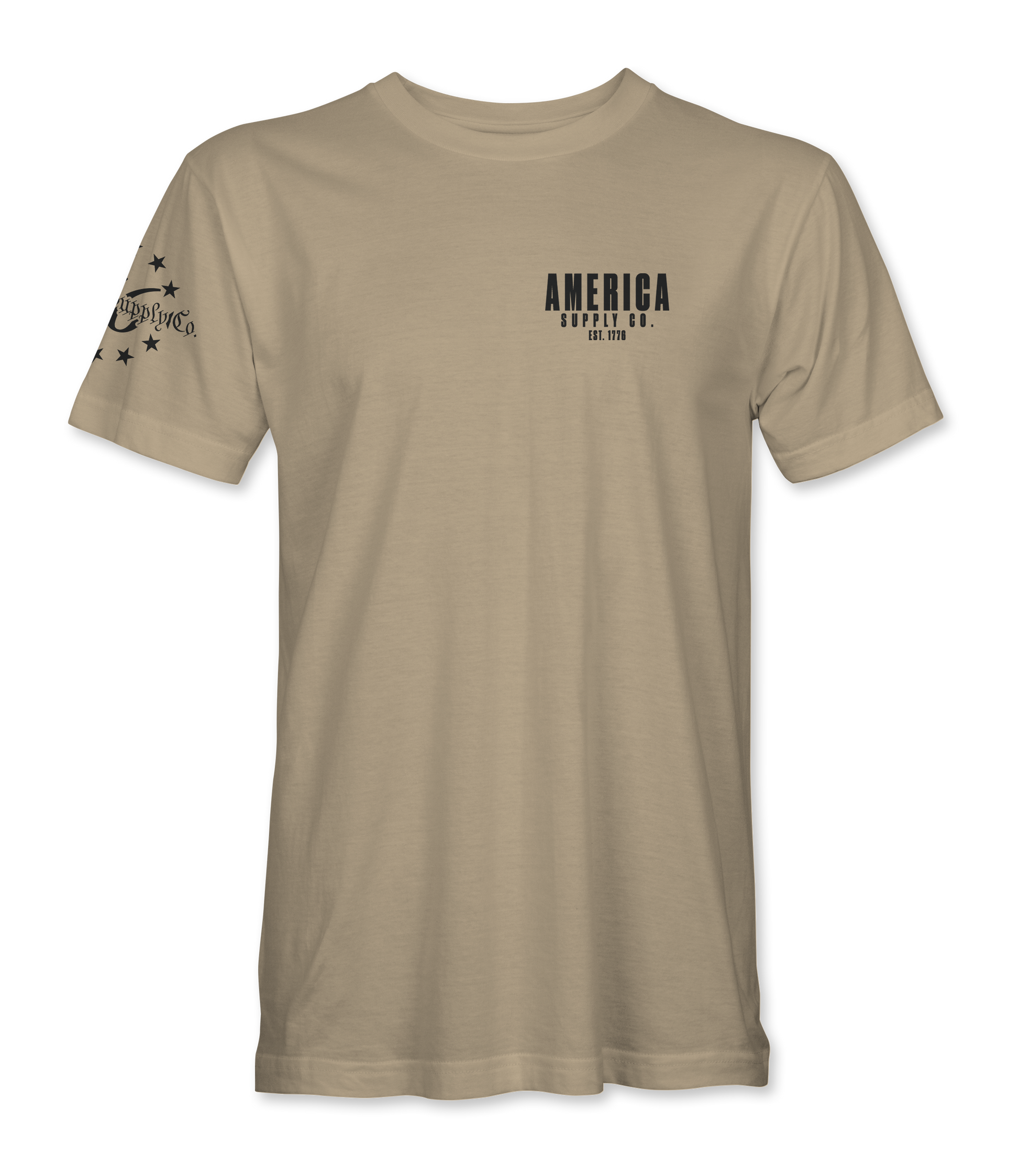 The Alex Jones Store - Front of tan America Supply Co Hunting Dog t-shirt with small left-chest America Supply Co Est. 1776 logo