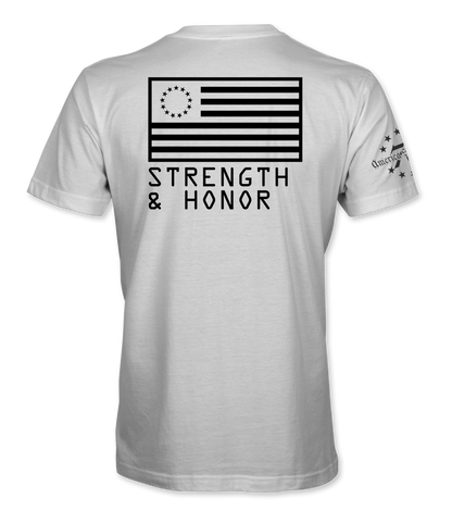 The Alex Jones Store - Back of white Strength & Honor t-shirt with large black Betsy Ross 13-star flag above bold slogan text