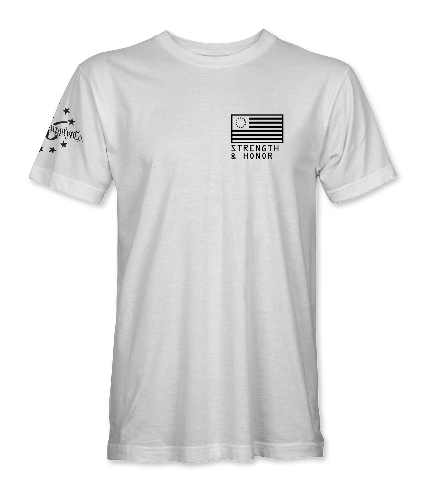 The Alex Jones Store - Front of white Strength & Honor t-shirt with small black Betsy Ross flag and slogan left-chest print