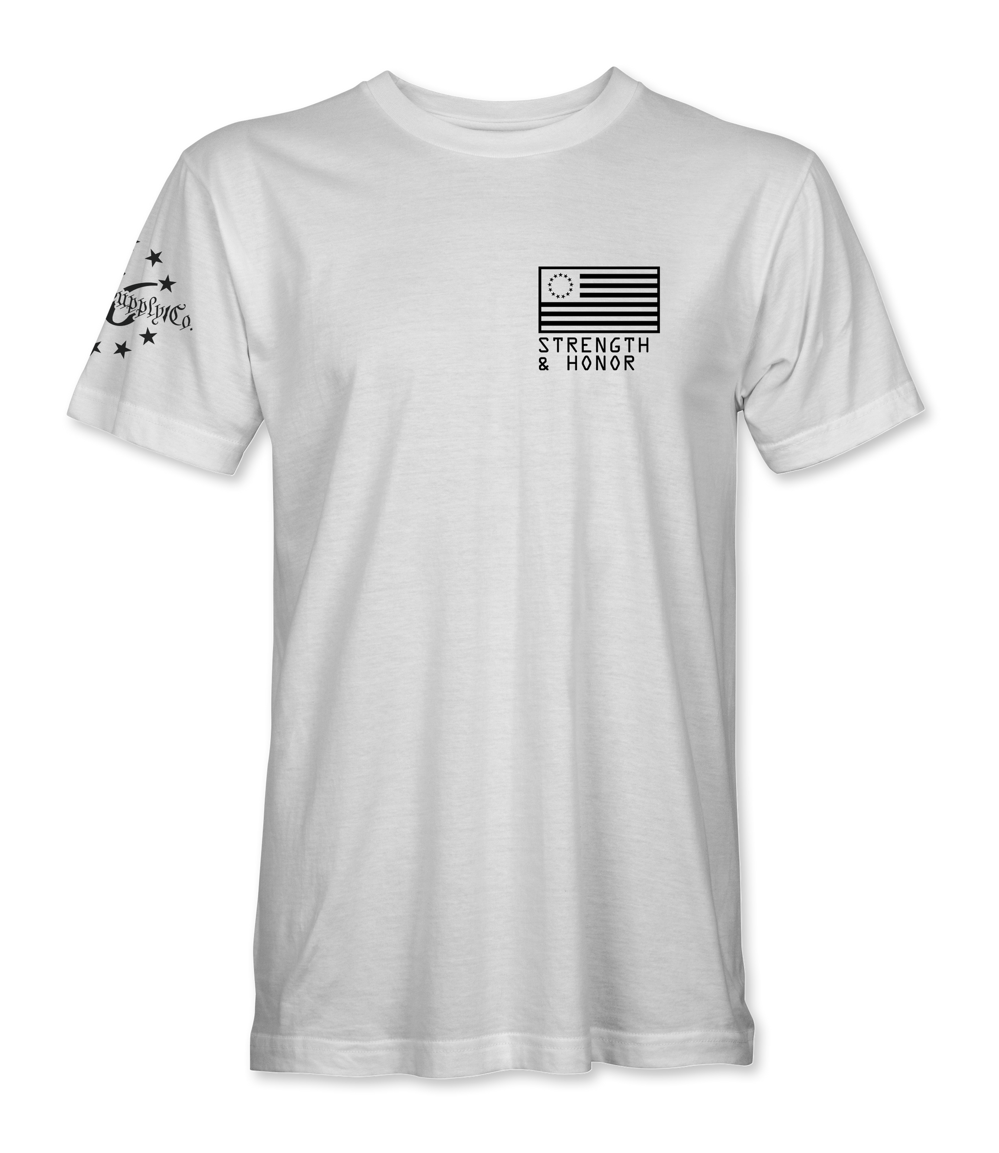 The Alex Jones Store - Front of white Strength & Honor t-shirt with small black Betsy Ross flag and slogan left-chest print