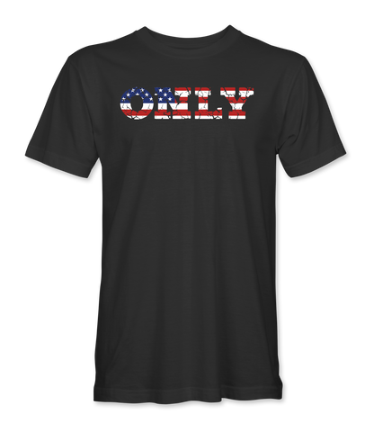 The Alex Jones Store - Front of black America Only Flag t-shirt with ONLY in block letters filled with a weathered American flag